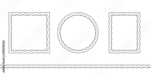Nautical cord frames with sailor braided cable patterns. Marine cable brush patterns for sailor designs. Braided string elements with bow details. Western string borders for decorative design. Vector