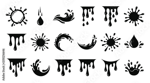 Schilderij op canvas Stylish black liquid drops, paint splashes, and dynamic water drip graphic eleme