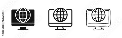 Computer monitor with globe web browser icon set in solid, outline and hand-drawn doodle styles