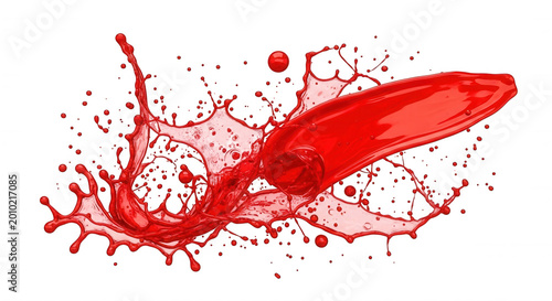 Dynamic red liquid splash with droplets and swirling motion isolated on a solid black background, representing fluid motion and beverage texture