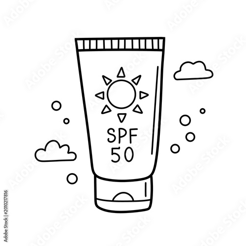 Sunscreen cream tube SPF 50 icon. Doodle line art illustration of sun protection cosmetic isolated on white