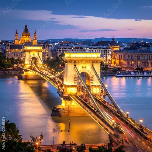 Illuminated suspension bridge spanning a wide river at twilight, with a city skyline and domed church visible. Lights create streaks