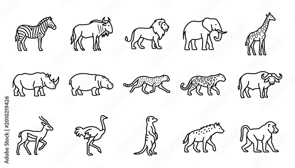 Naklejka premium Collection of fifteen black outline cartoon African animals, including a zebra, lion, and elephant