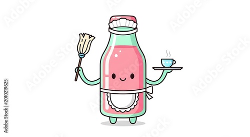 A cartoon bottle character with arms, legs, and a face dressed as a maid, carrying a mop and a tray with a teacup