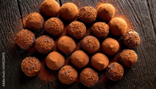 Delicious Homemade Chocolate Truffles Arranged Artfully on a Rustic Wooden Surface.