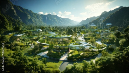Futuristic Eco-Friendly Cityscape Nestled in Lush Green Mountains.