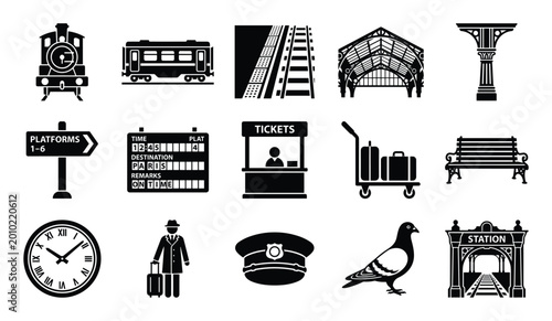 Comprehensive collection of black and white train station icons, including a locomotive, passenger car, tracks, and various station elements