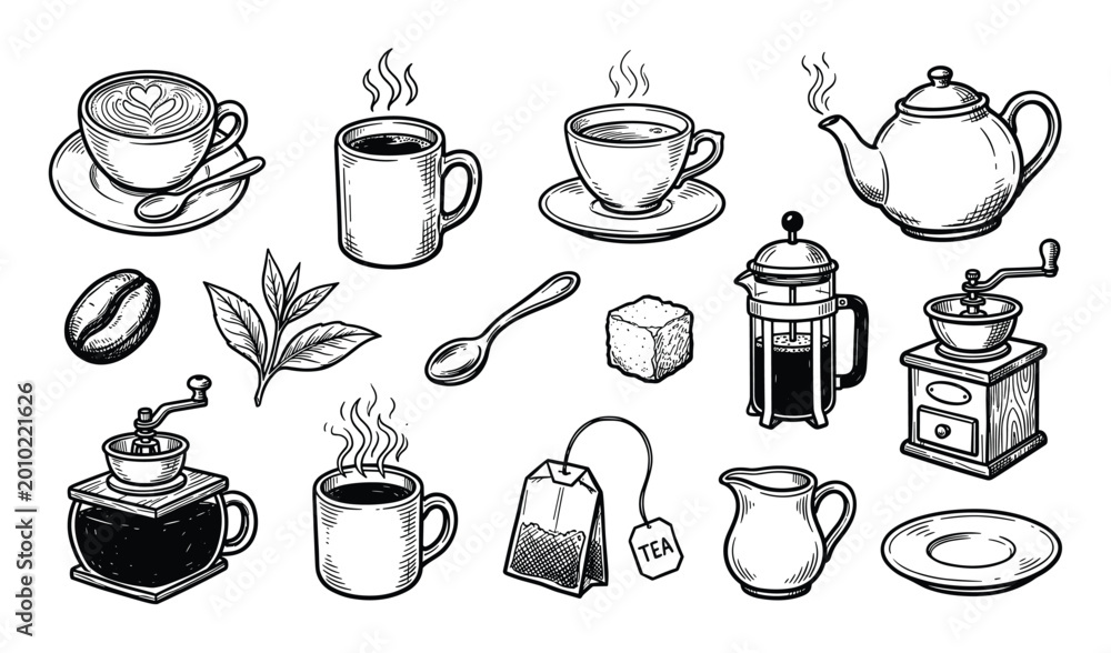 Obraz premium Collection of hand-drawn coffee and tea elements, including cups, mugs, teapots, and accessories