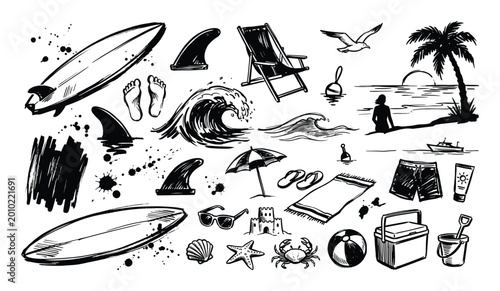 Collection of hand-drawn black and white summer beach and surf themed illustrations with ink splatters