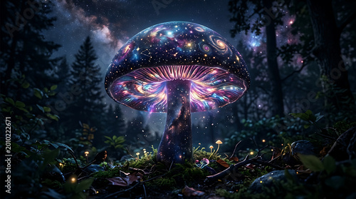 Mystical Glowing Galaxy Mushroom in Enchanted Forest at Night, Cosmic Fungi with Starry Cap and Magical Aura
