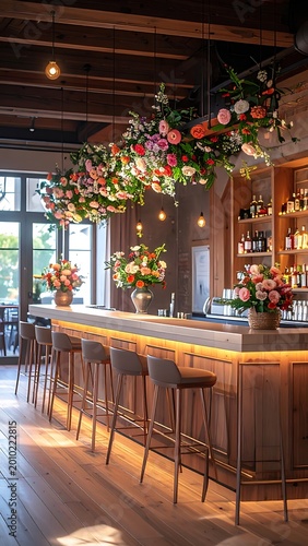 Interior bar scene lit by warm ambient lighting, featuring floral displays and wooden furnishings. The bar has stools and shelving