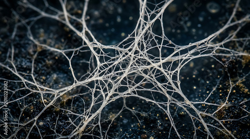 Intricate Mycelial Network of White Fungal Threads on Dark Soil