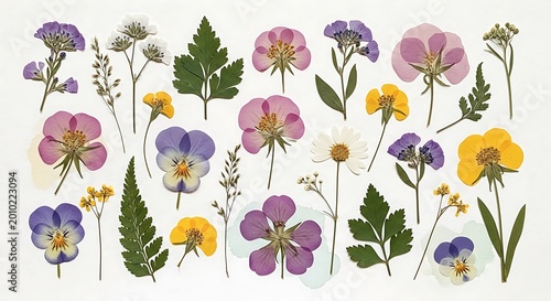 Collection of colorful flowers and leaves on white background