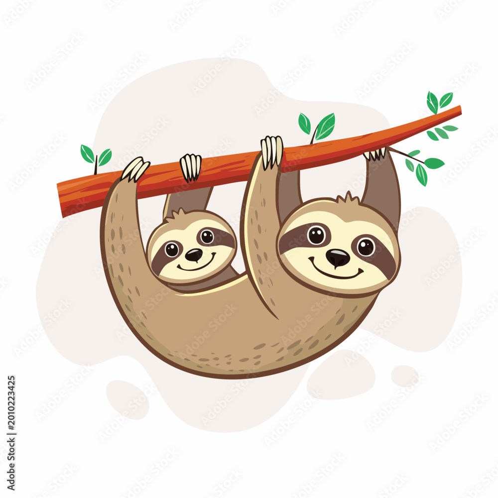 Fototapeta premium Two cute cartoon sloths hanging from a tree branch