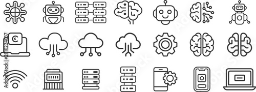 Modern Technology, AI & Cloud Computing Line Icon Set – Editable Outline Vector Icons for Data, Server & Digital Systems