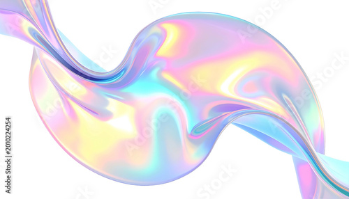 A dynamically flowing, abstract composition featuring a swirling ribbon with iridescent coloring against a contrasting dark background