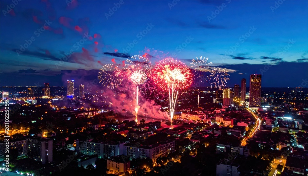 Obraz premium Spectacular Fireworks Display Illuminates City Skyline at Night.