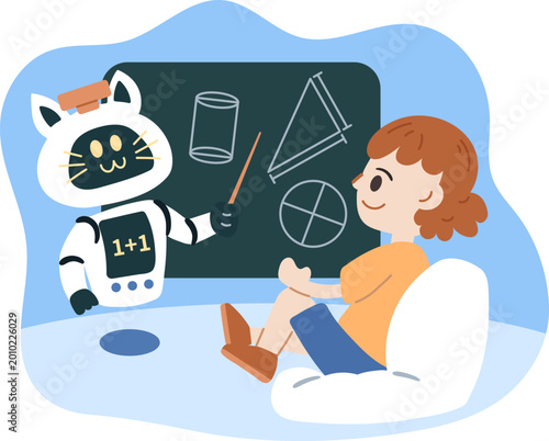 Cute AI cat robot teaching math geometry to kid at home illustration.