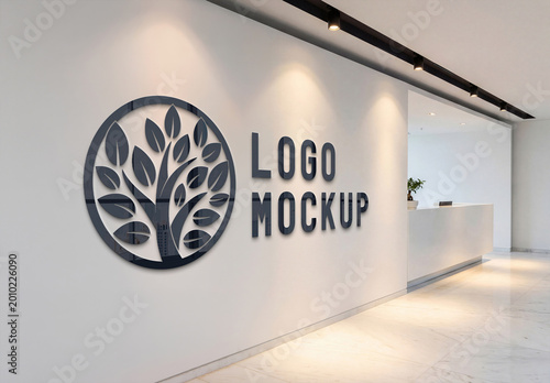 3D Glossy Logo On White Company Wall Mockup