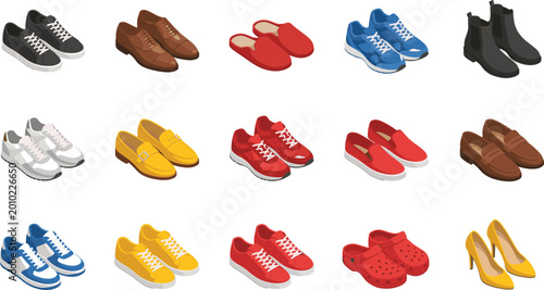 Tableau sur toile Colorful Shoes and Footwear Icon Set with Sneakers, Loafers, Boots, Heels, Slipp