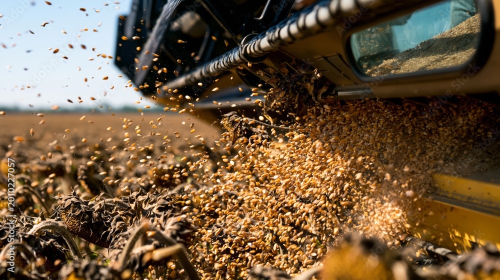 Fototapeta premium A sunflower seed industrial harvesting process.