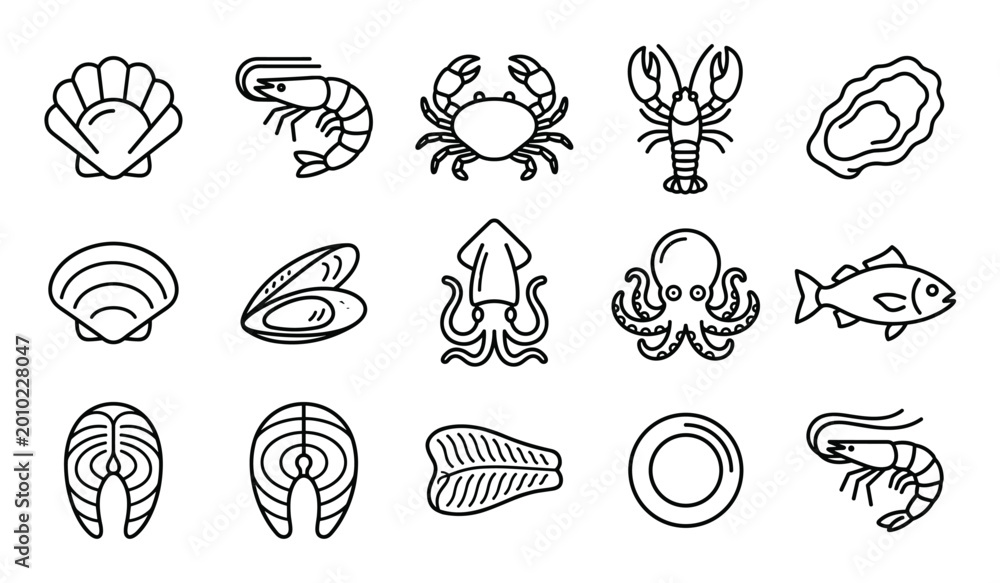 Obraz premium Collection of various seafood outline icons including shrimp, crab, lobster, fish, and scallops