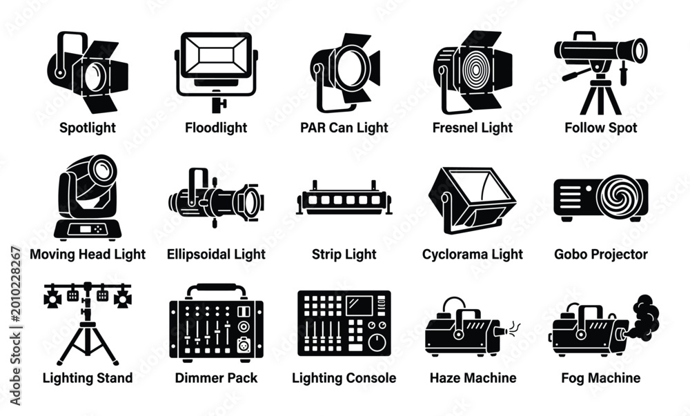 Fototapeta premium Collection of various black silhouette stage lighting equipment icons is displayed