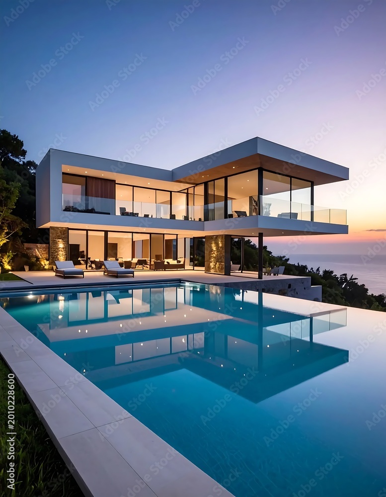 Fototapeta premium Modern Luxury Villa With Infinity Pool At Sunset Overlooking The Ocean Waterfront Mansion Architectural Design With Minimalist Glass Facade