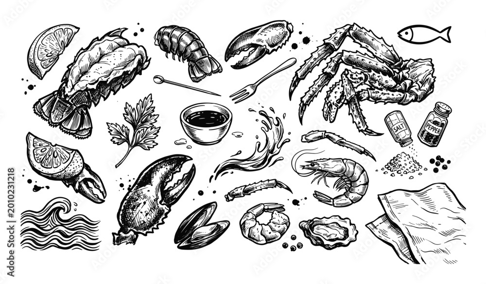 Fototapeta premium Detailed black and white hand-drawn illustration of various seafood elements, including crab, lobster, shrimp, and mussels, with lemons and spices