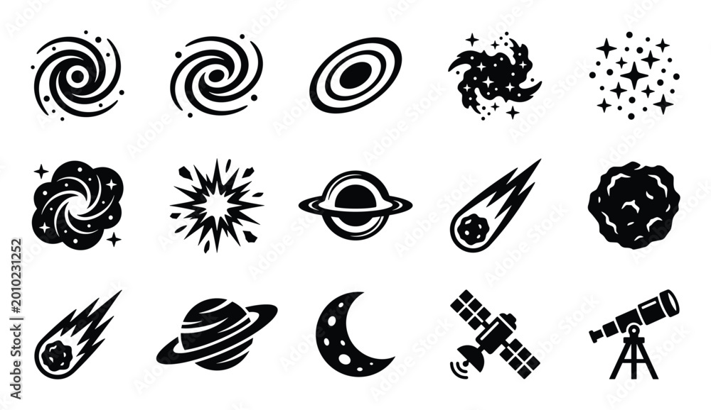 Obraz premium Collection of various black and white space icons including galaxies, planets, stars, and celestial objects