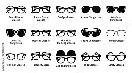 Comprehensive collection of various glasses and sunglasses types presented as black silhouette icons