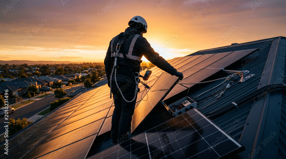 Fototapeta premium Silhouette of Worker Installing Solar Panels During Sunset