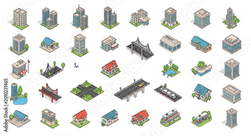 Collection of isometric building illustrations for urban planning and design projects.