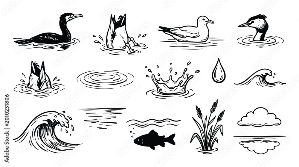 Fototapeta premium Collection of hand-drawn black and white illustrations depicting various water elements, birds, and nature