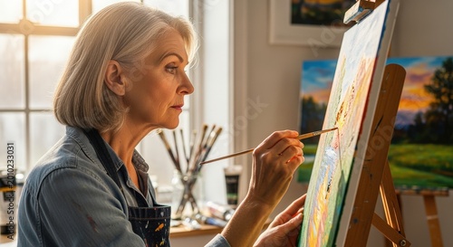 A focused senior woman with gray hair paints a vibrant landscape on canvas in a bright, sunlit art studio.