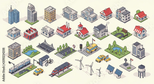 Collection of isometric city buildings and structures in a flat design style.