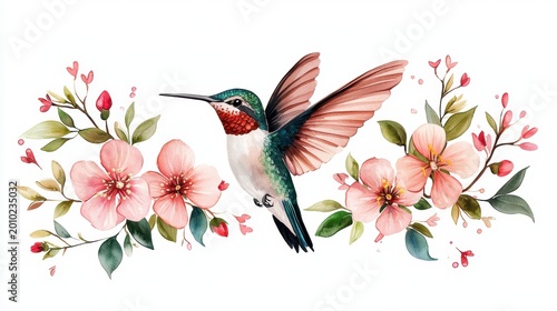 Vibrant Hummingbird Hovering Among Delicate Pink Flowers in a Beautiful Floral Arrangement
