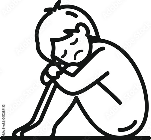 Canvastavla Sad person sitting and hugging knees, feeling lonely, depressed, sad, isolated vector line art illustration