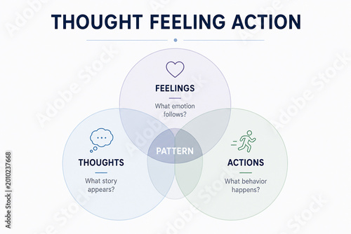 It illustrates the thought-feeling-action cycle, a model for understanding how thoughts and feelings influence behavior.
