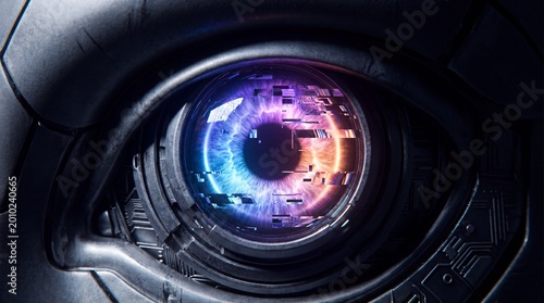 Macro Cybernetic Eye With Digital Glitch Artifacts