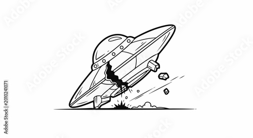 A damaged flying saucer crashes, scattering debris and emitting sparks