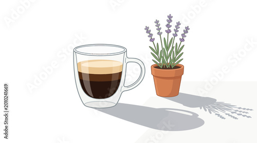 A clear glass mug filled with rich espresso and a potted lavender plant casting a shadow on a white surface