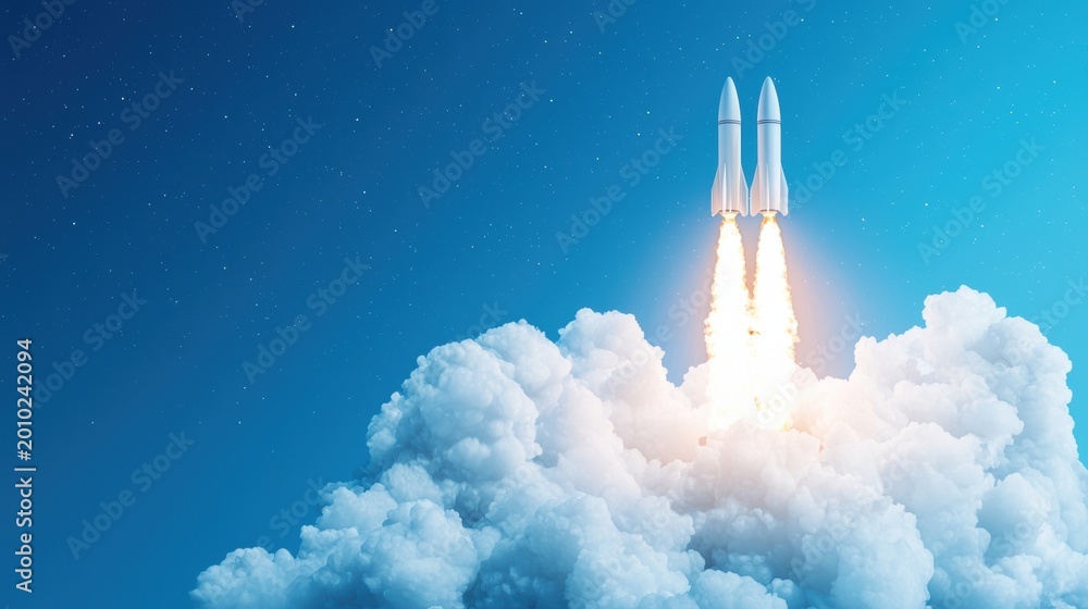 Fototapeta premium Innovation Rocket Multiple rockets launching simultaneously into space, representing teamwork and collaborative ventures