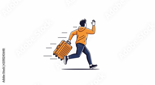Person running with a suitcase and waving