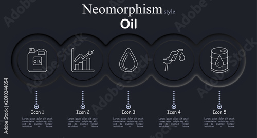 Oil industry set icon. Oil container canister, price growth chart, oil drop petroleum, fuel nozzle pump, oil barrel storage, energy industry production.