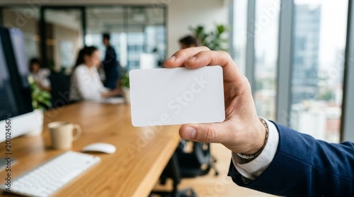 Man holding blank business card in modern office