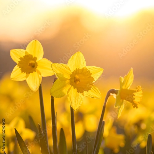 Yellow Daffodil Flowers Blooming In A Field At Sunset Backlit Warm Golden Hour Sunlight Close Up Macro Photography Of Narcissus In Spring Garden