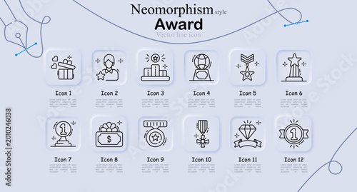 Award achievement set icon. Minimal line icons with trophies, medals, stars, podium, ribbon, certificate, winner badge, ranking symbol, prize cup, recognition elements