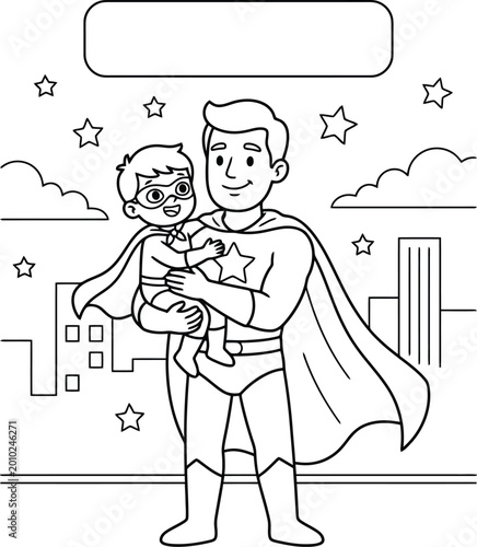 Father and baby superhero coloring page, black and white outline vector drawing, father's day illustration, family love concept.