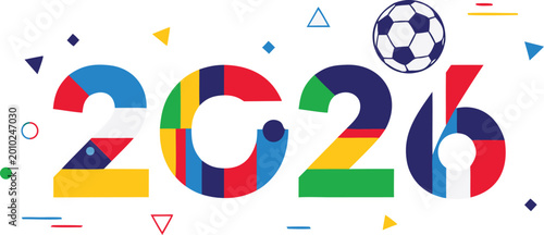 Vibrant 2026 graphic with soccer ball and multicolored shapes